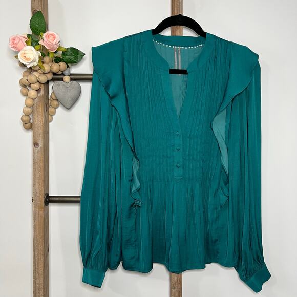 Anthropologie Tops - Anthropologie Long Sleeve Teal Pintuck Blouse Size Medium